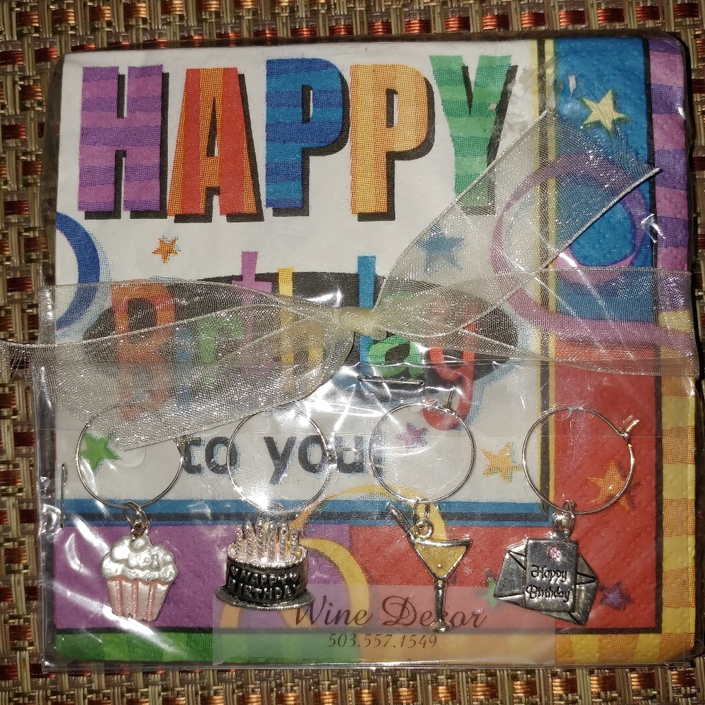 Happy Birthday cocktail napkins with wine charms